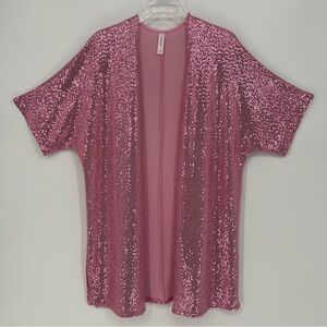 Honey Me Womans Duster Kimono Pink Sequin Short Sleeve Stretch Light Weight NEW